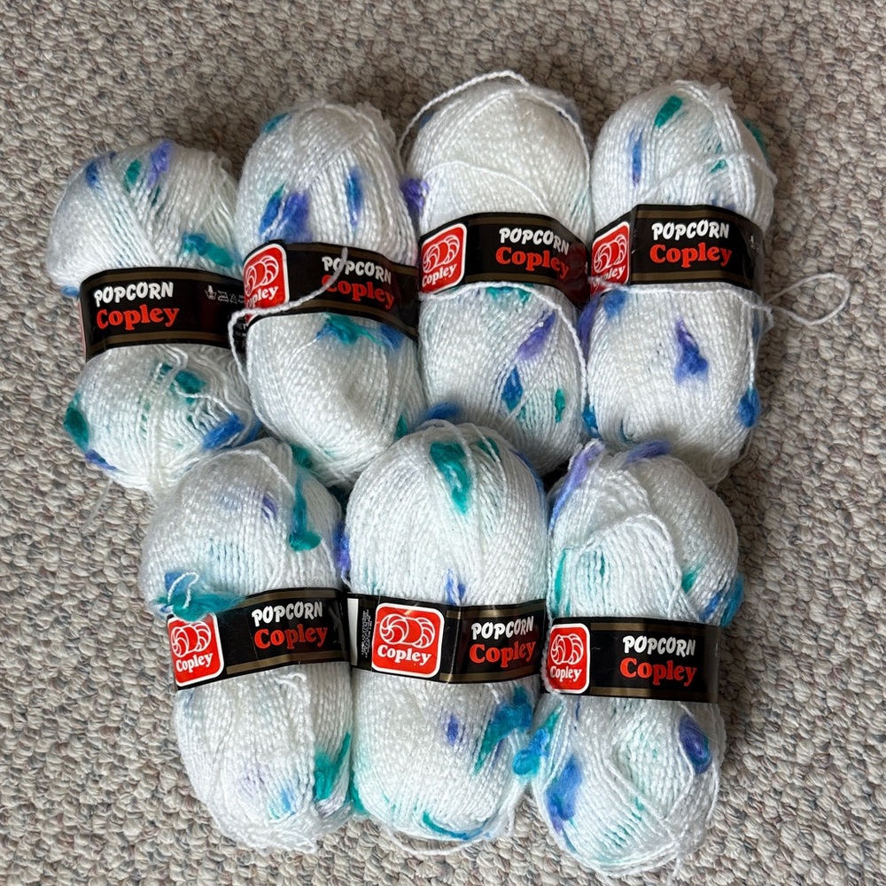 Copley Popcorn Yarn w/Blue, Purple & Green on White! Bundle of 7 Skein Bundle!!